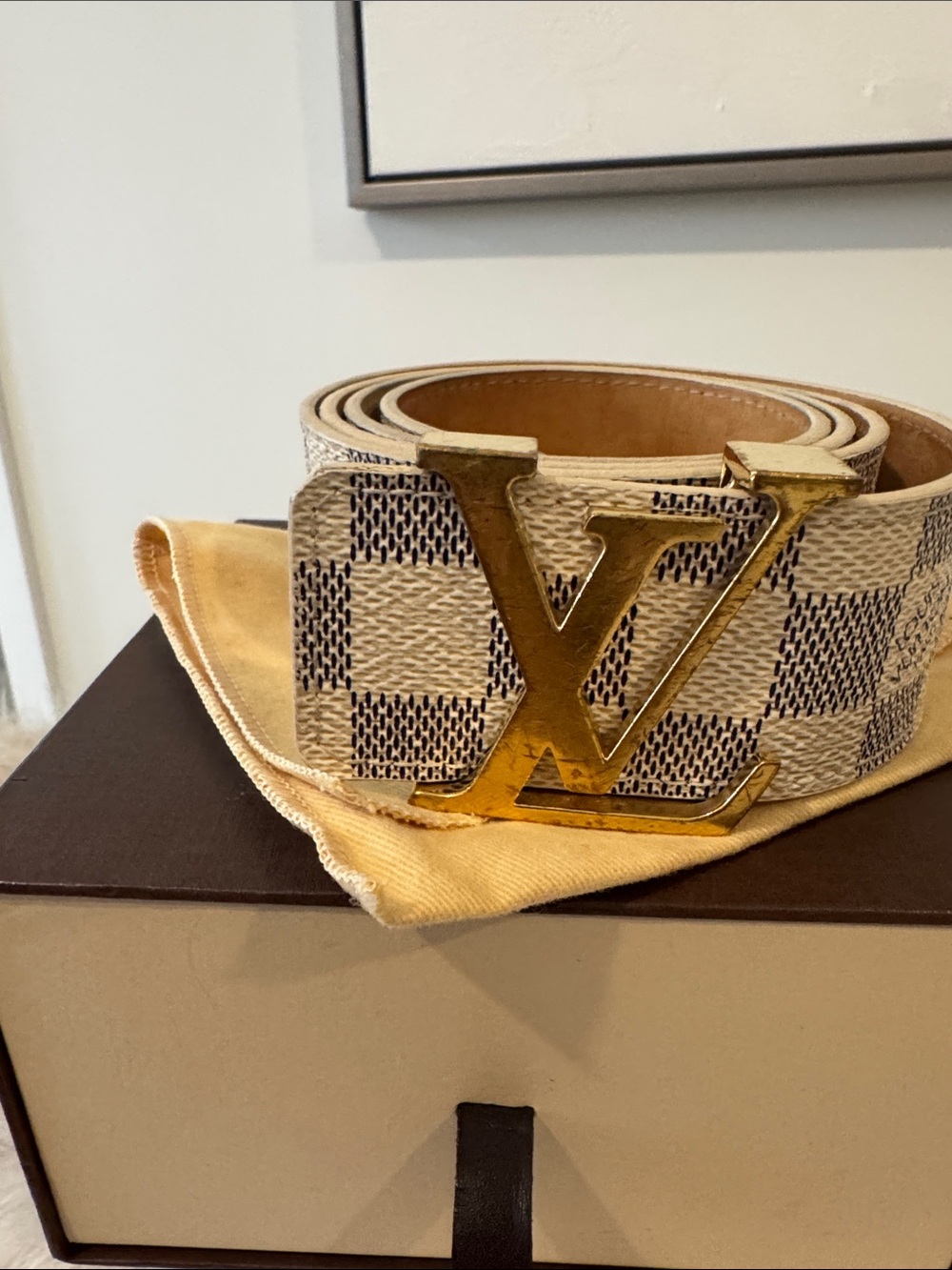 Louis Vuitton Damier Azur Belt with Gold LV Buckle in Cream and Blue